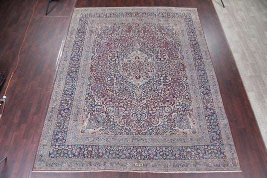 Pre-1900 Antique Floral Mashad Persian Hand-Knotted 10x13 Burgundy Area Rug