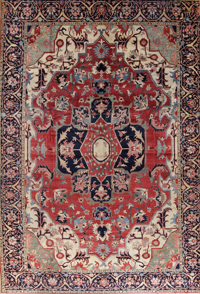 Vegetable Dye Antique Heriz Serapi Persian Hand-Knotted 13x19 Red Wool Rug