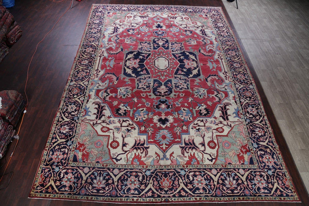 Vegetable Dye Antique Heriz Serapi Persian Hand-Knotted 13x19 Red Wool Rug