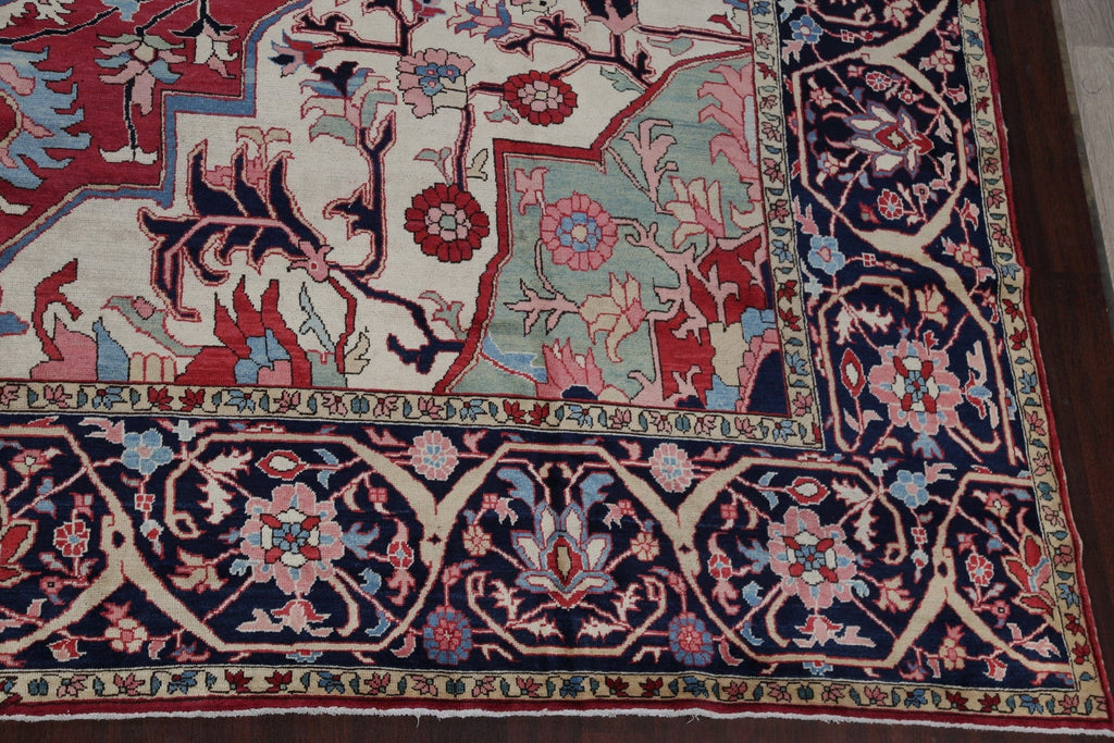 Vegetable Dye Antique Heriz Serapi Persian Hand-Knotted 13x19 Red Wool Rug