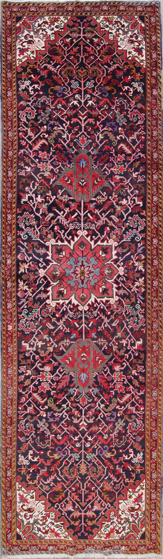 One of a Kind Geometric Heriz Persian Hand-Knotted 4x12 Wool Runner Rug