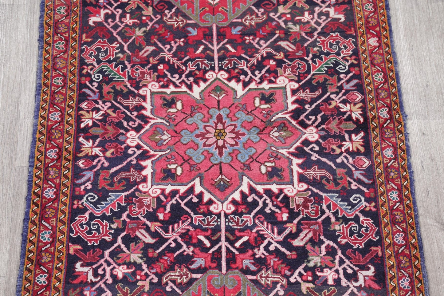 One of a Kind Geometric Heriz Persian Hand-Knotted 4x12 Wool Runner Rug