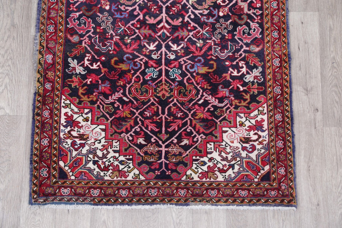 One of a Kind Geometric Heriz Persian Hand-Knotted 4x12 Wool Runner Rug