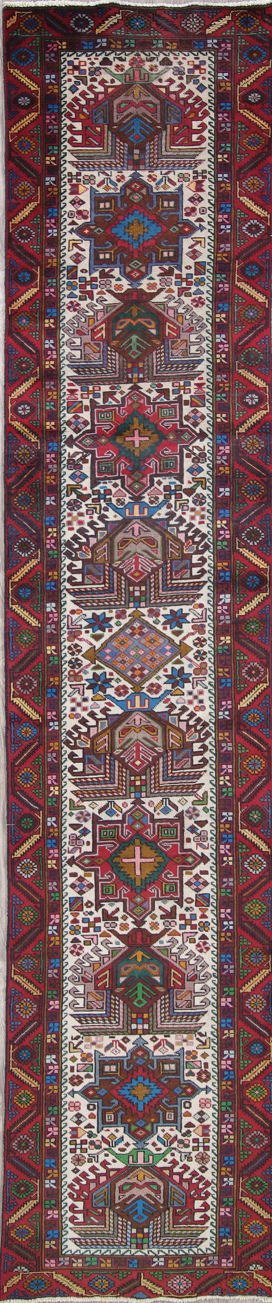 One of a Kind Geometric Heriz Persian Hand-Knotted 3x13 Wool Runner Rug