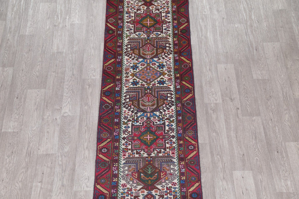 One of a Kind Geometric Heriz Persian Hand-Knotted 3x13 Wool Runner Rug