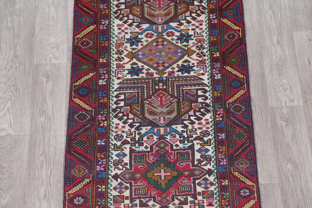 One of a Kind Geometric Heriz Persian Hand-Knotted 3x13 Wool Runner Rug