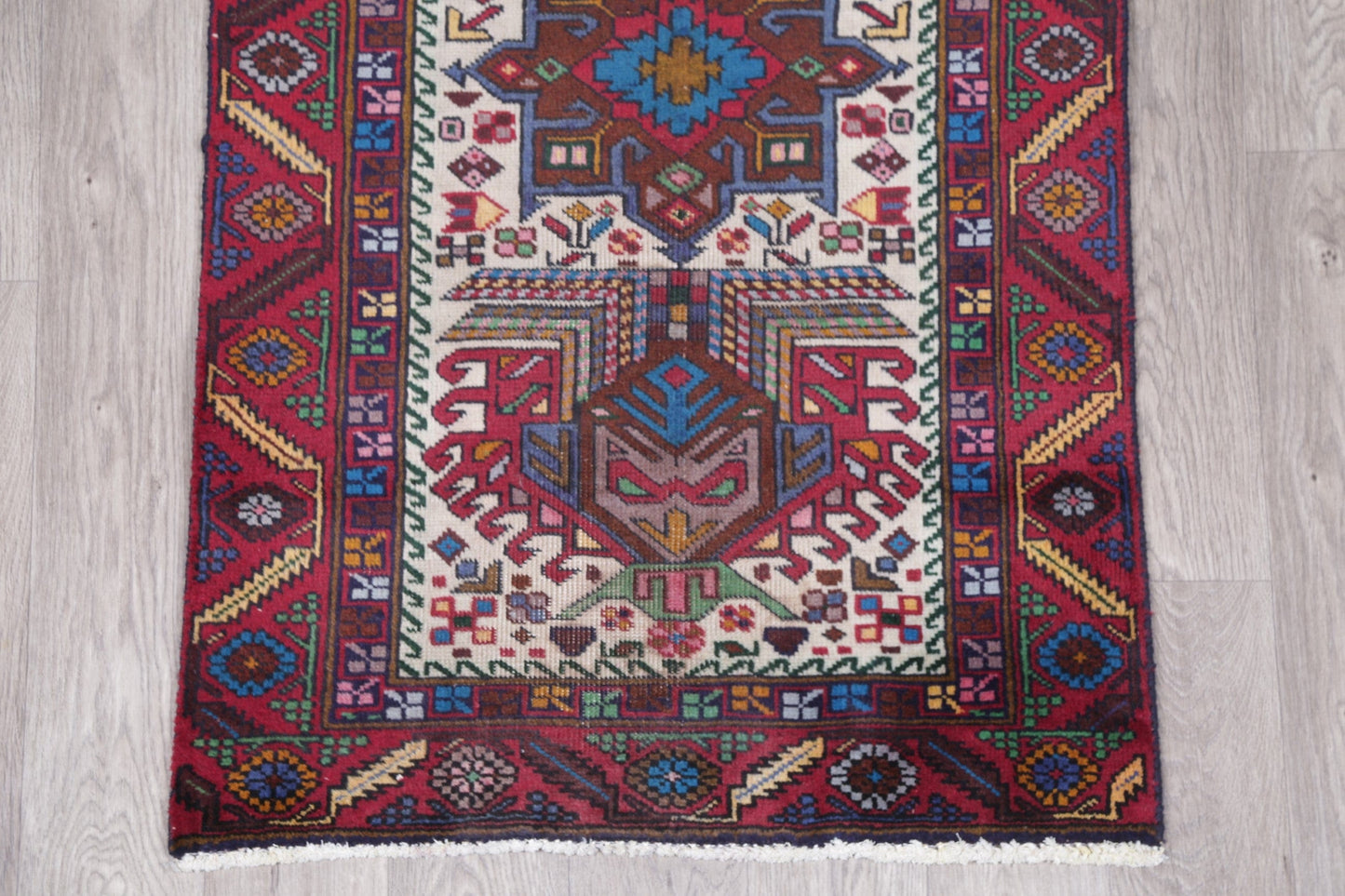 One of a Kind Geometric Heriz Persian Hand-Knotted 3x13 Wool Runner Rug