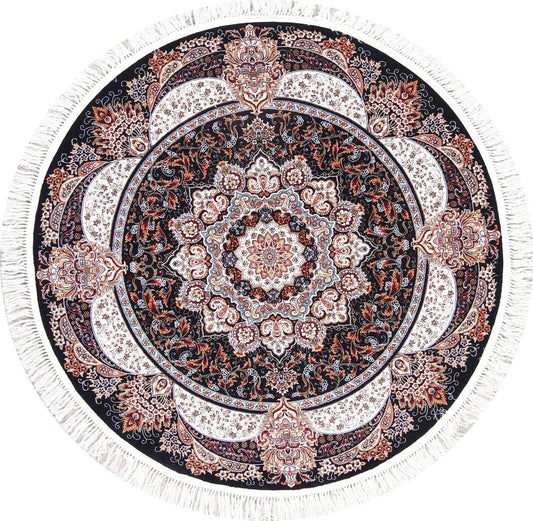 Black Floral Tabriz Persian Round Rug 5x5