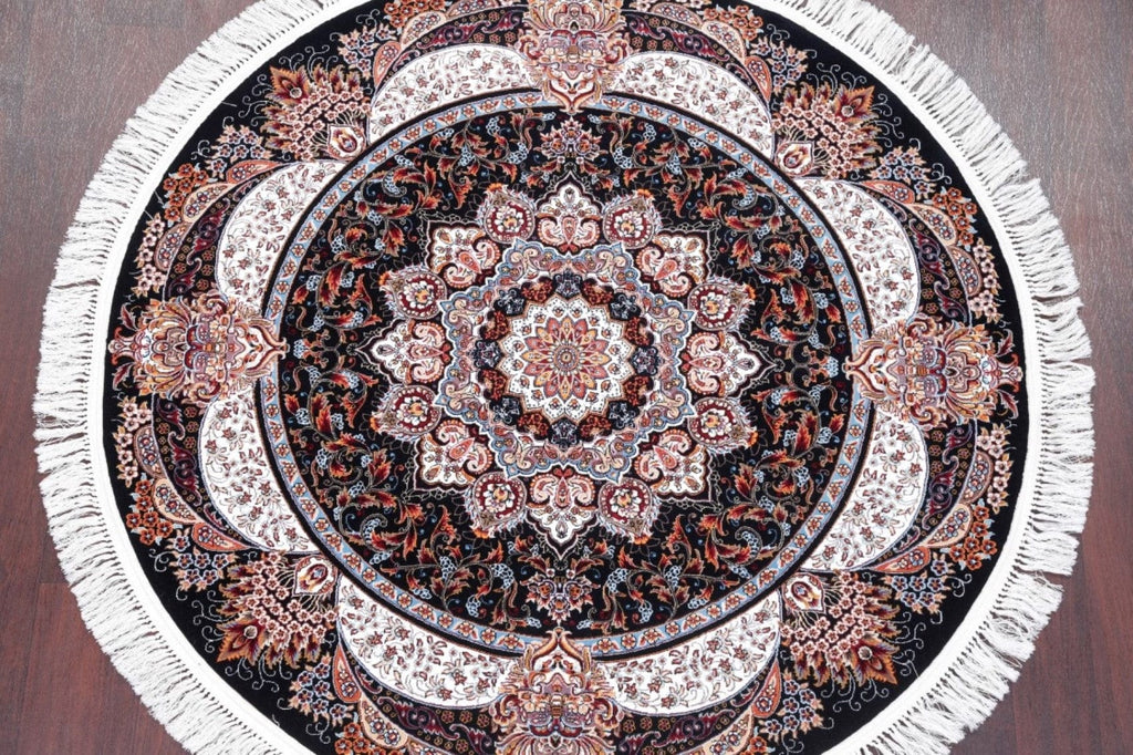 Black Floral Tabriz Persian Round Rug 5x5