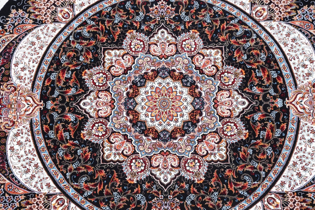 Black Floral Tabriz Persian Round Rug 5x5