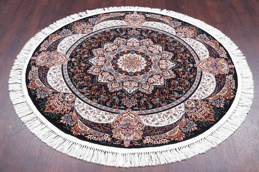 Black Floral Tabriz Persian Round Rug 5x5