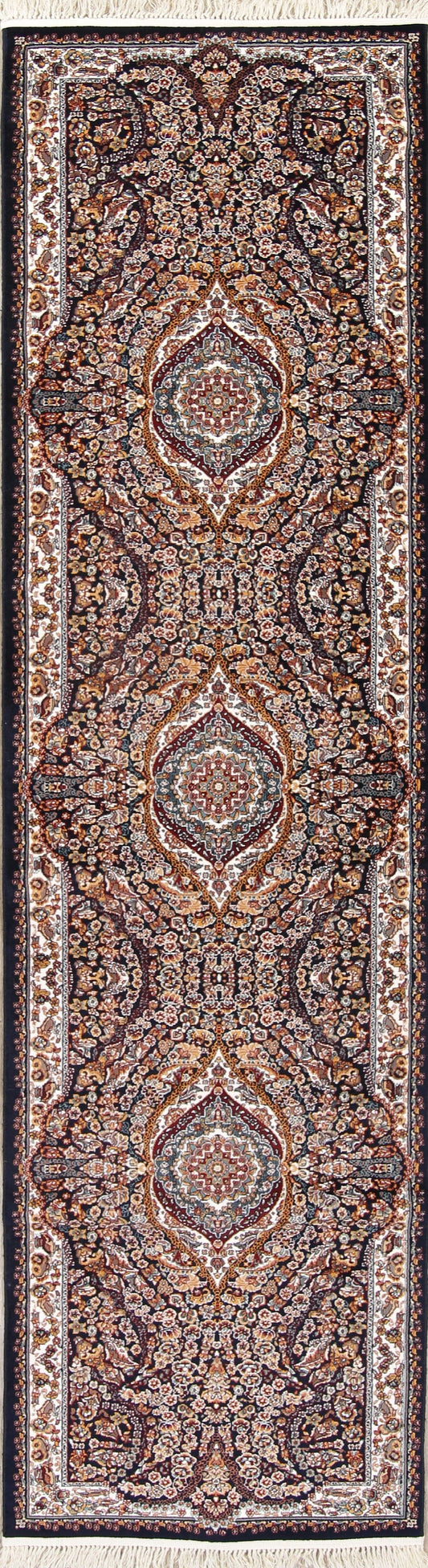 Black Floral Tabriz 3x13 Runner Rug