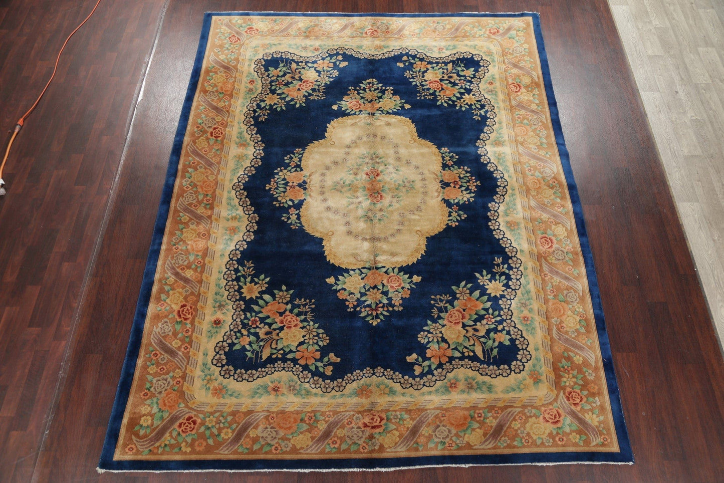 Navy Blue Art Deco Chinese Hand-Knotted 9x12 Wool Area Rug