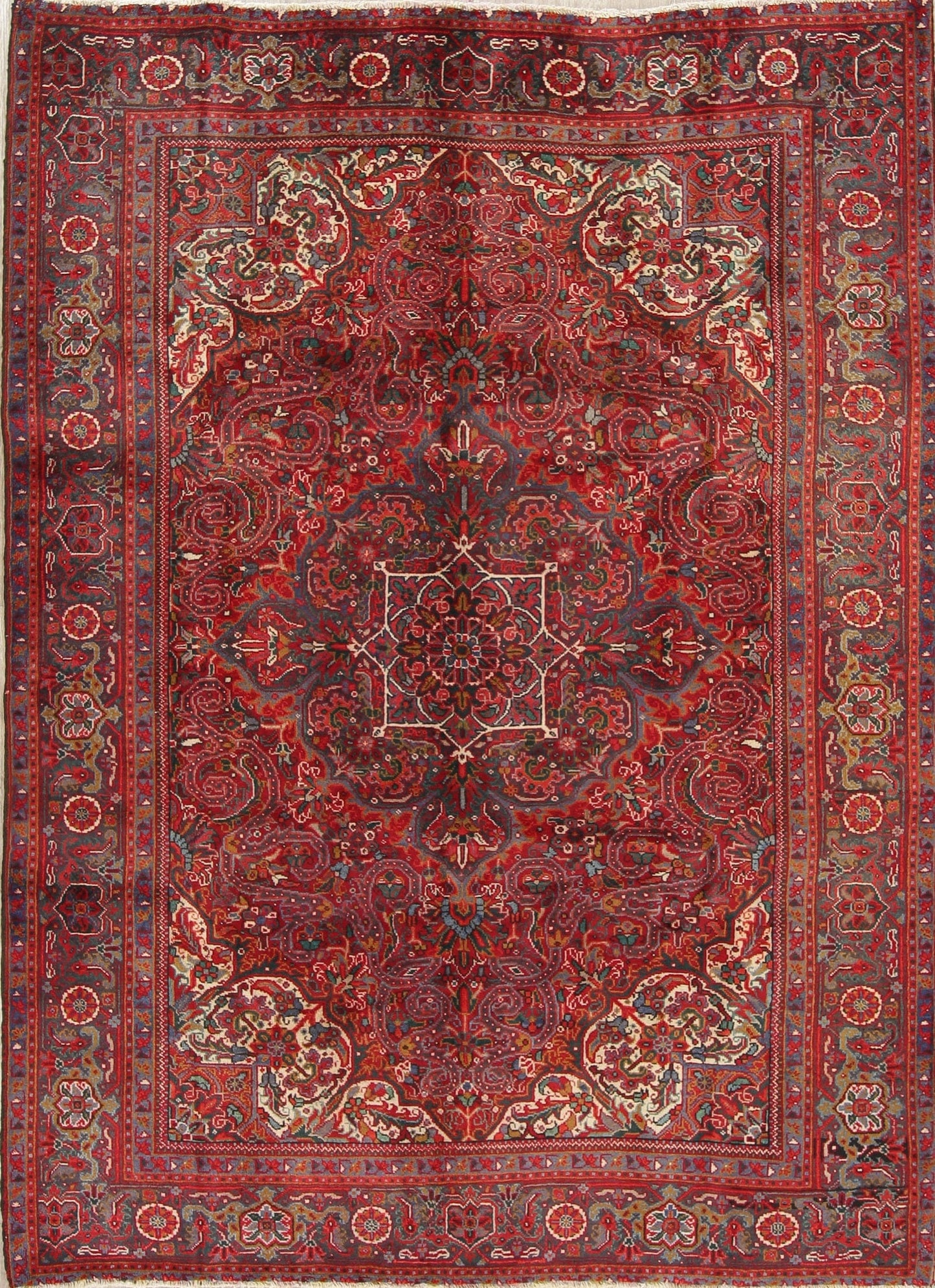 Traditional Floral Red Heriz Persian Hand-Knotted 7x9 Wool Area Rug