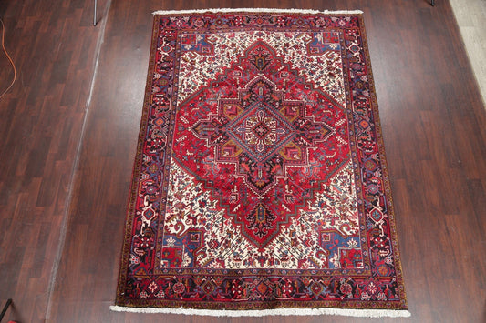 One-of-a-Kind Red Geometric Heriz Persian Hand-Knotted 7x10 Wool Area Rug