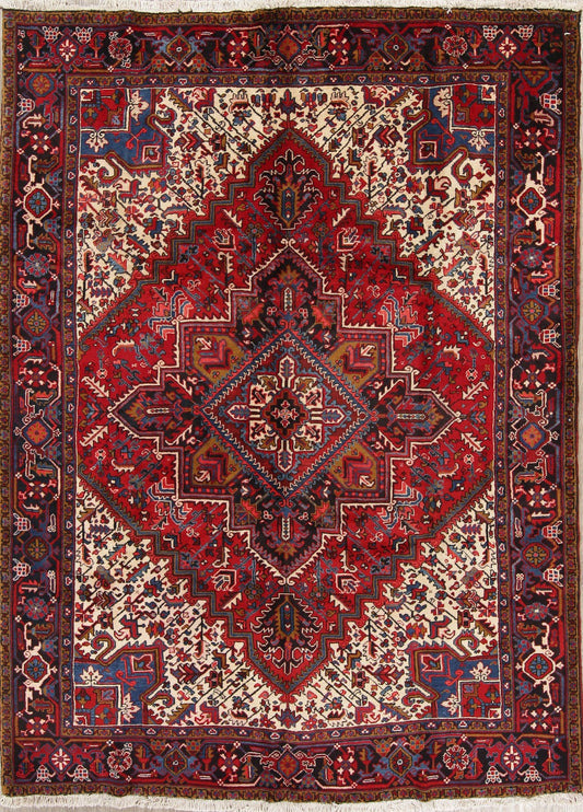 One-of-a-Kind Red Geometric Heriz Persian Hand-Knotted 7x10 Wool Area Rug