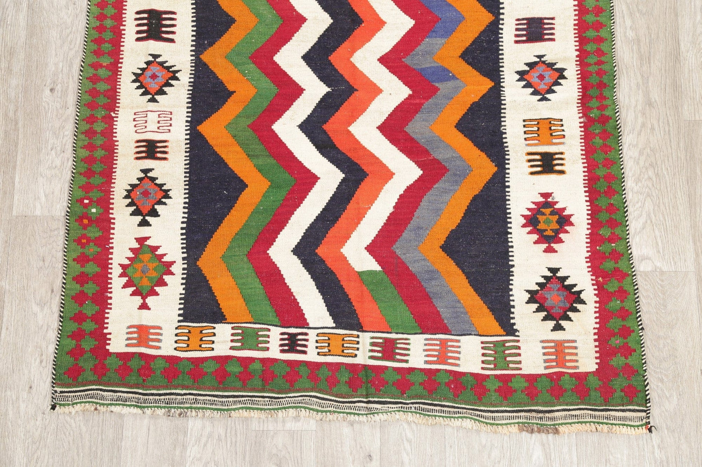 Geometric Kilim Shiraz Persian Hand-Woven 4x8 Wool Runner Rug