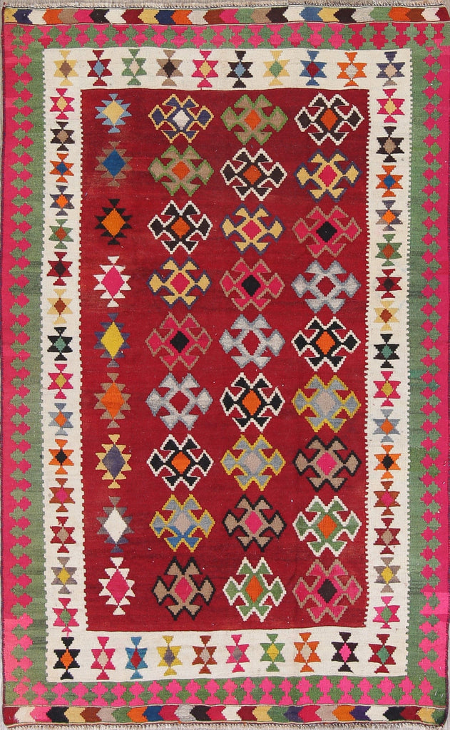 Red Geometric Kilim Qashqai Persian Hand-Woven 5x7 Wool Area Rug