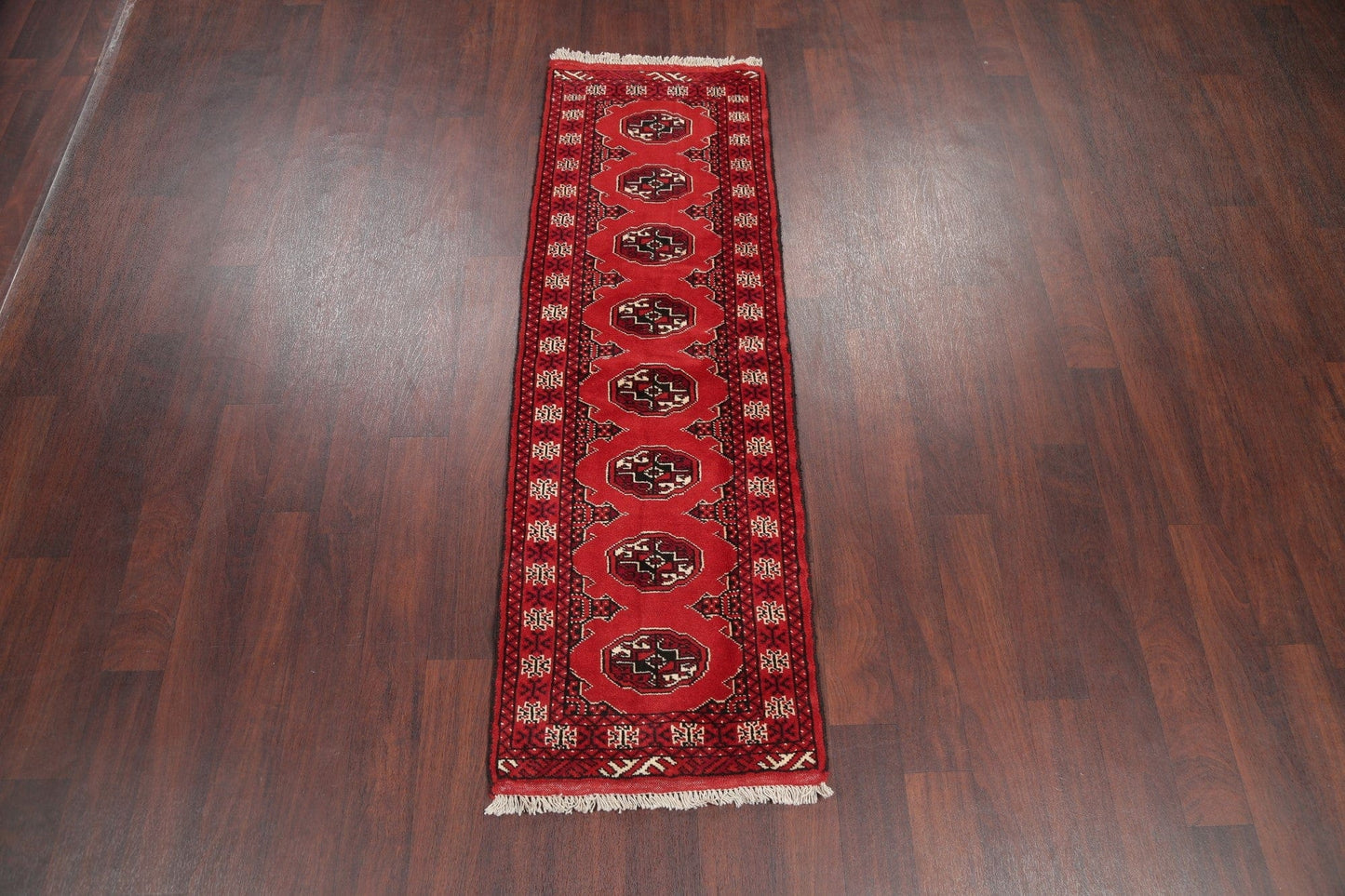 Red Geometric Balouch Persian Hand-Knotted 2x6 Wool Runner Rug