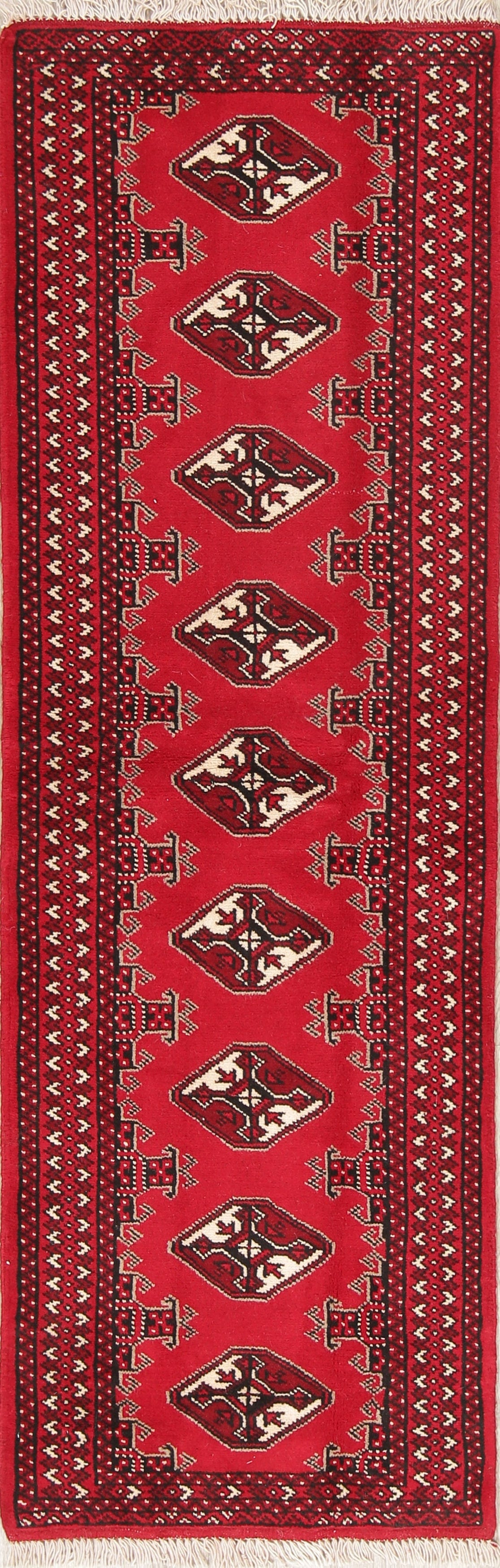 Red Geometric Balouch Persian Hand-Knotted 2x6 Wool Runner Rug