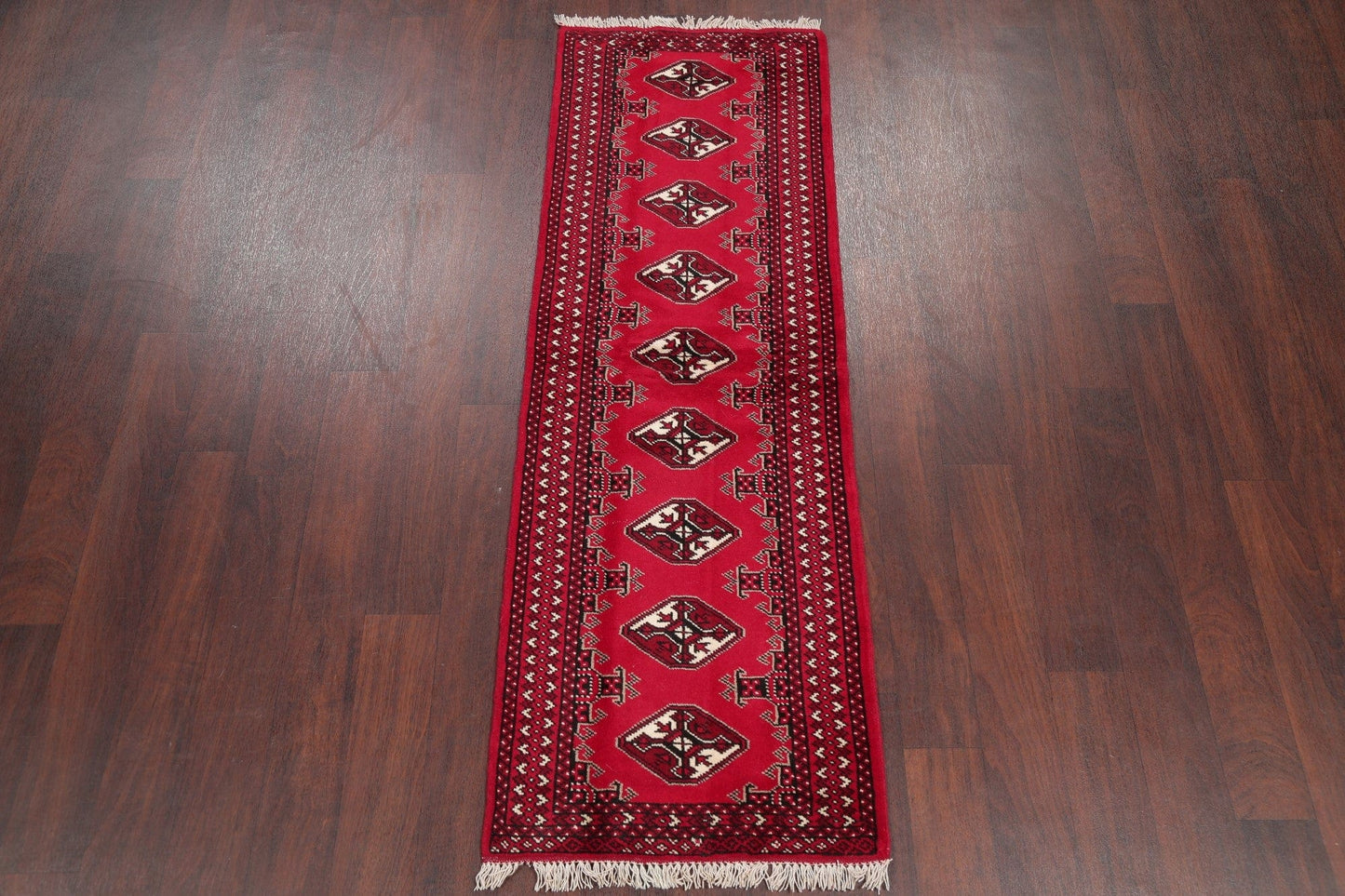 Red Geometric Balouch Persian Hand-Knotted 2x6 Wool Runner Rug