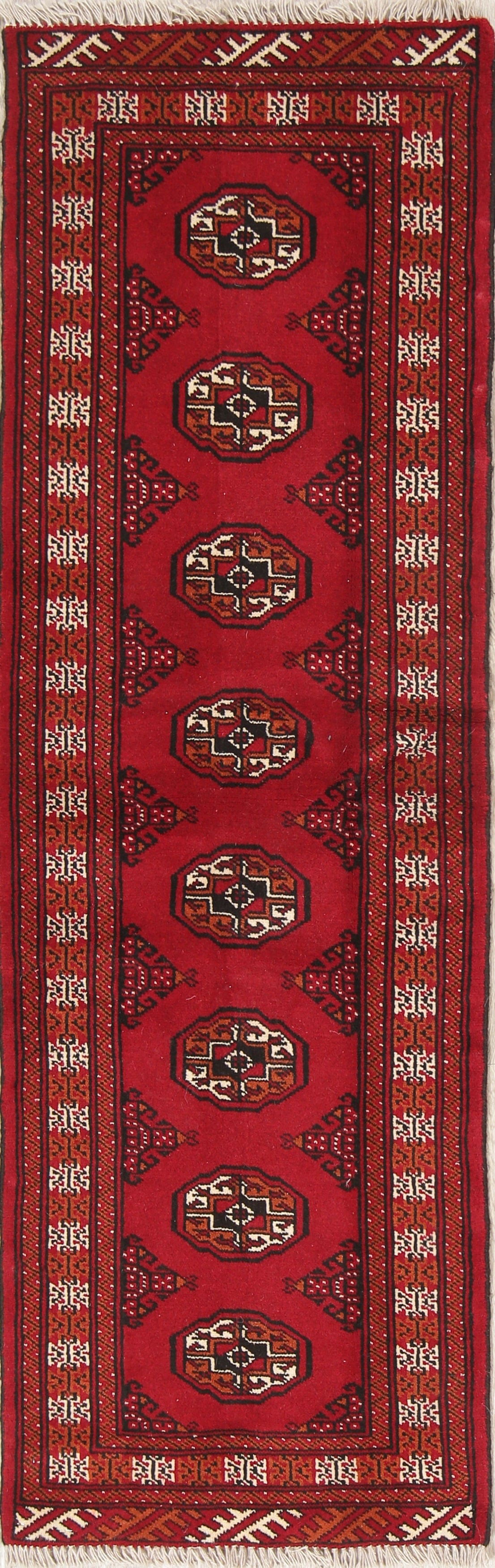 Red Geometric Balouch Persian Hand-Knotted 2x6 Wool Runner Rug