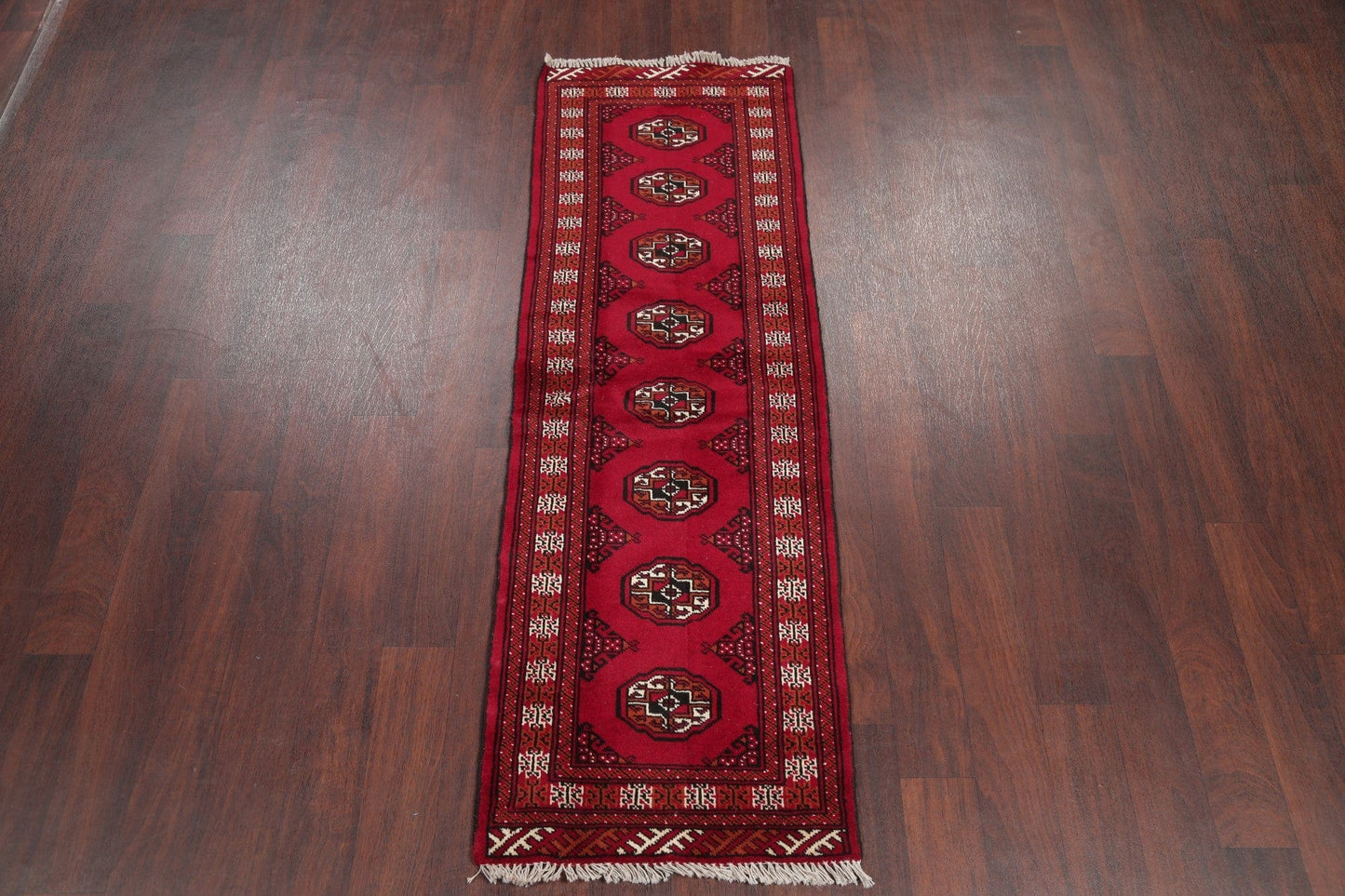 Red Geometric Balouch Persian Hand-Knotted 2x6 Wool Runner Rug