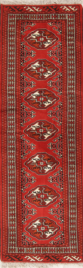 Red Geometric Balouch Persian Hand-Knotted 2x6 Wool Runner Rug