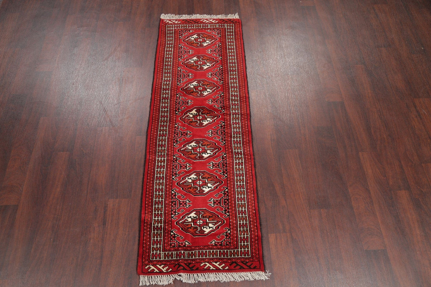 Red Geometric Balouch Persian Hand-Knotted 2x6 Wool Runner Rug