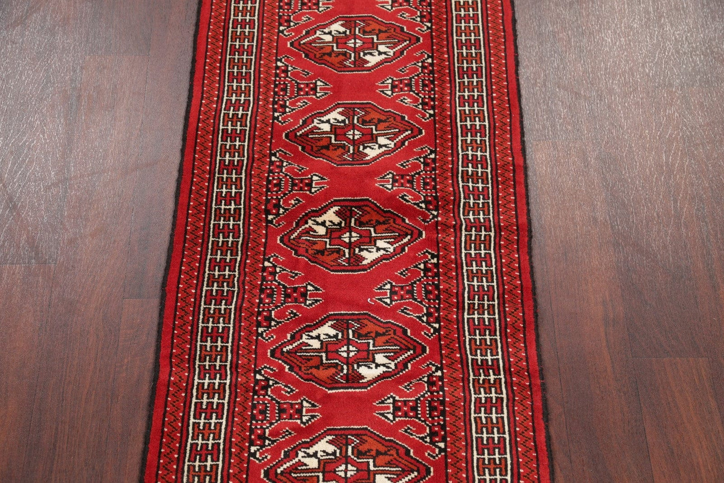 Red Geometric Balouch Persian Hand-Knotted 2x6 Wool Runner Rug