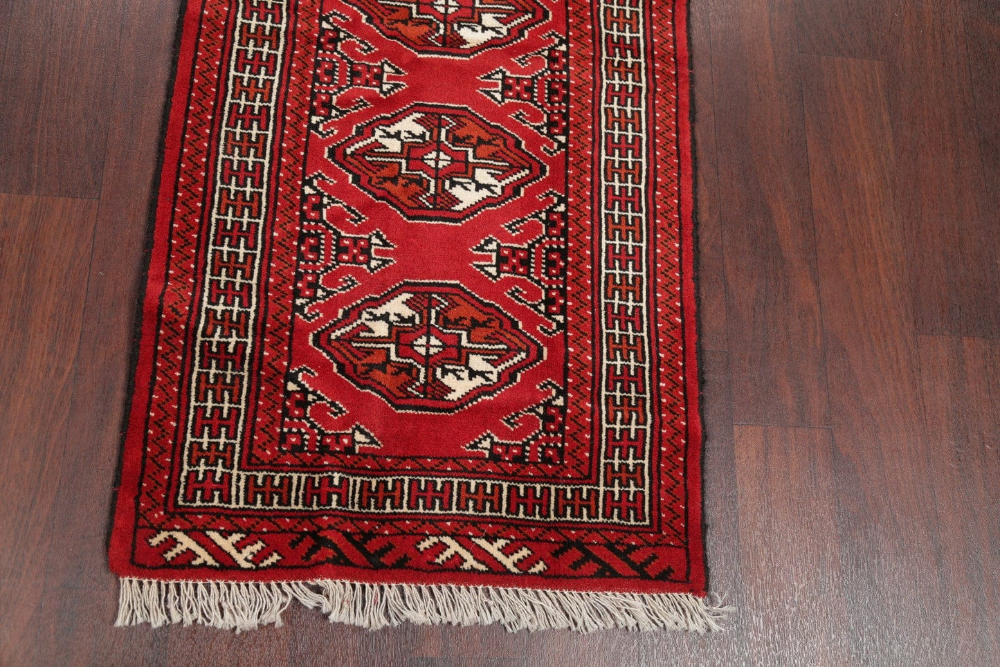 Red Geometric Balouch Persian Hand-Knotted 2x6 Wool Runner Rug