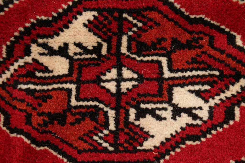 Red Geometric Balouch Persian Hand-Knotted 2x6 Wool Runner Rug