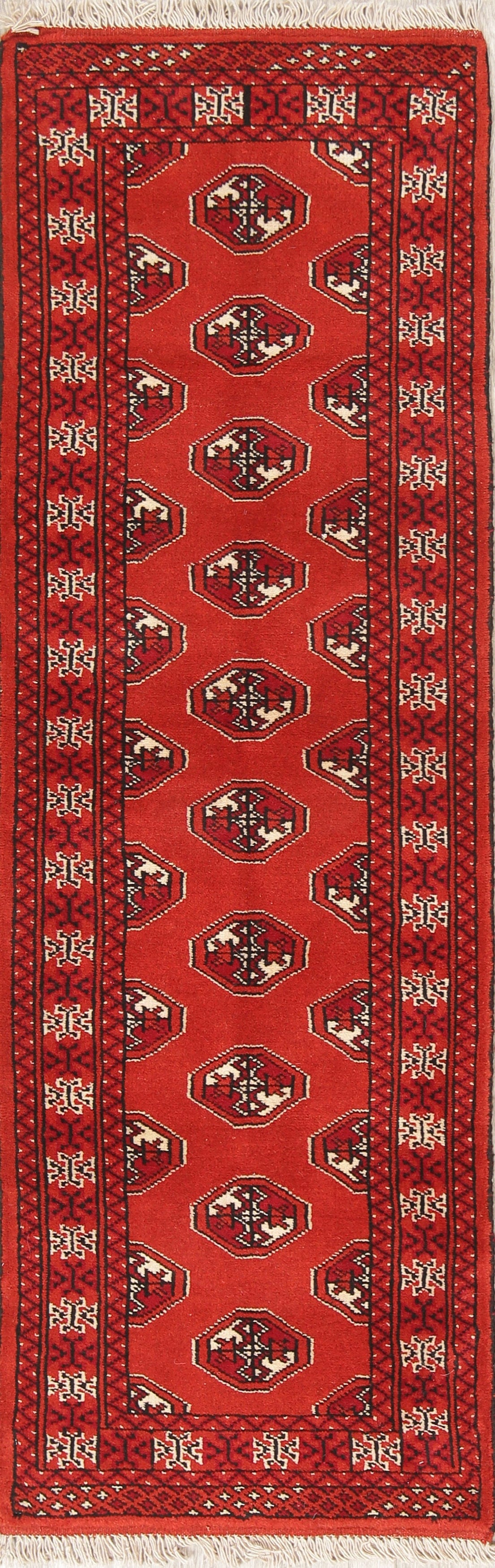 Red Geometric Balouch Persian Hand-Knotted 2x6 Wool Runner Rug