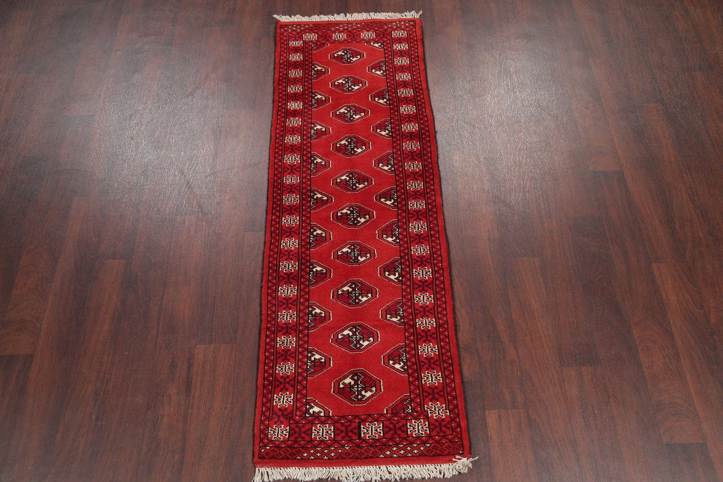 Red Geometric Balouch Persian Hand-Knotted 2x6 Wool Runner Rug