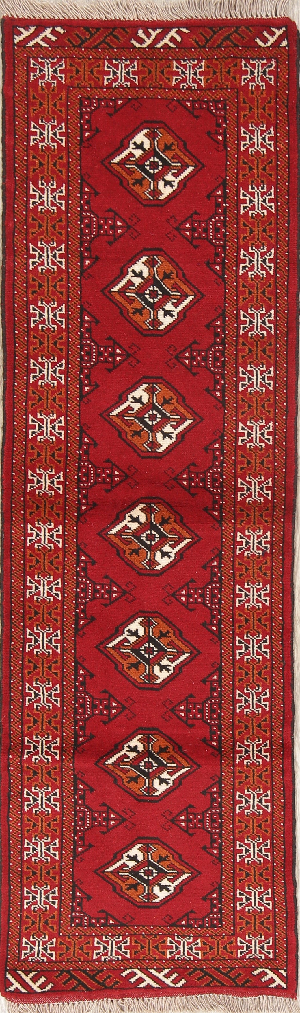 Red Geometric Balouch Persian Hand-Knotted 2x6 Wool Runner Rug