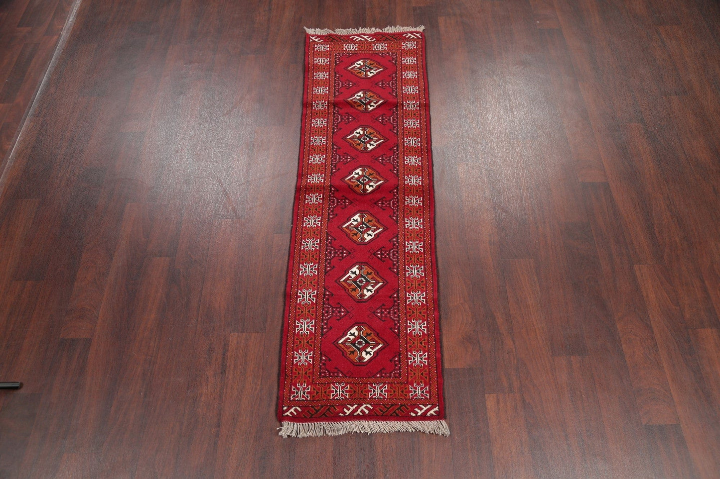 Red Geometric Balouch Persian Hand-Knotted 2x6 Wool Runner Rug