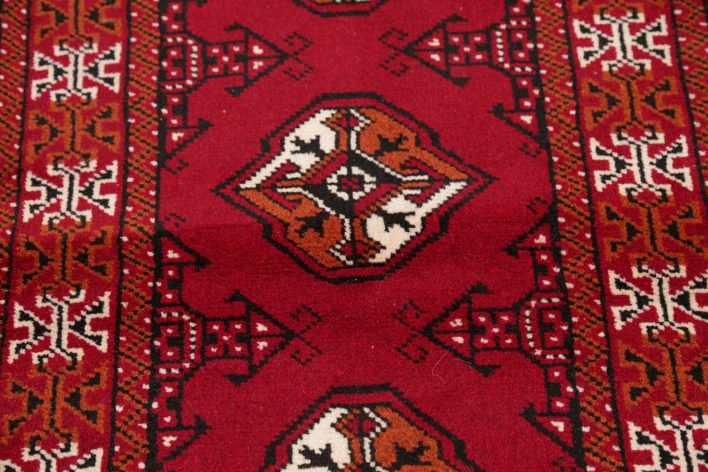 Red Geometric Balouch Persian Hand-Knotted 2x6 Wool Runner Rug