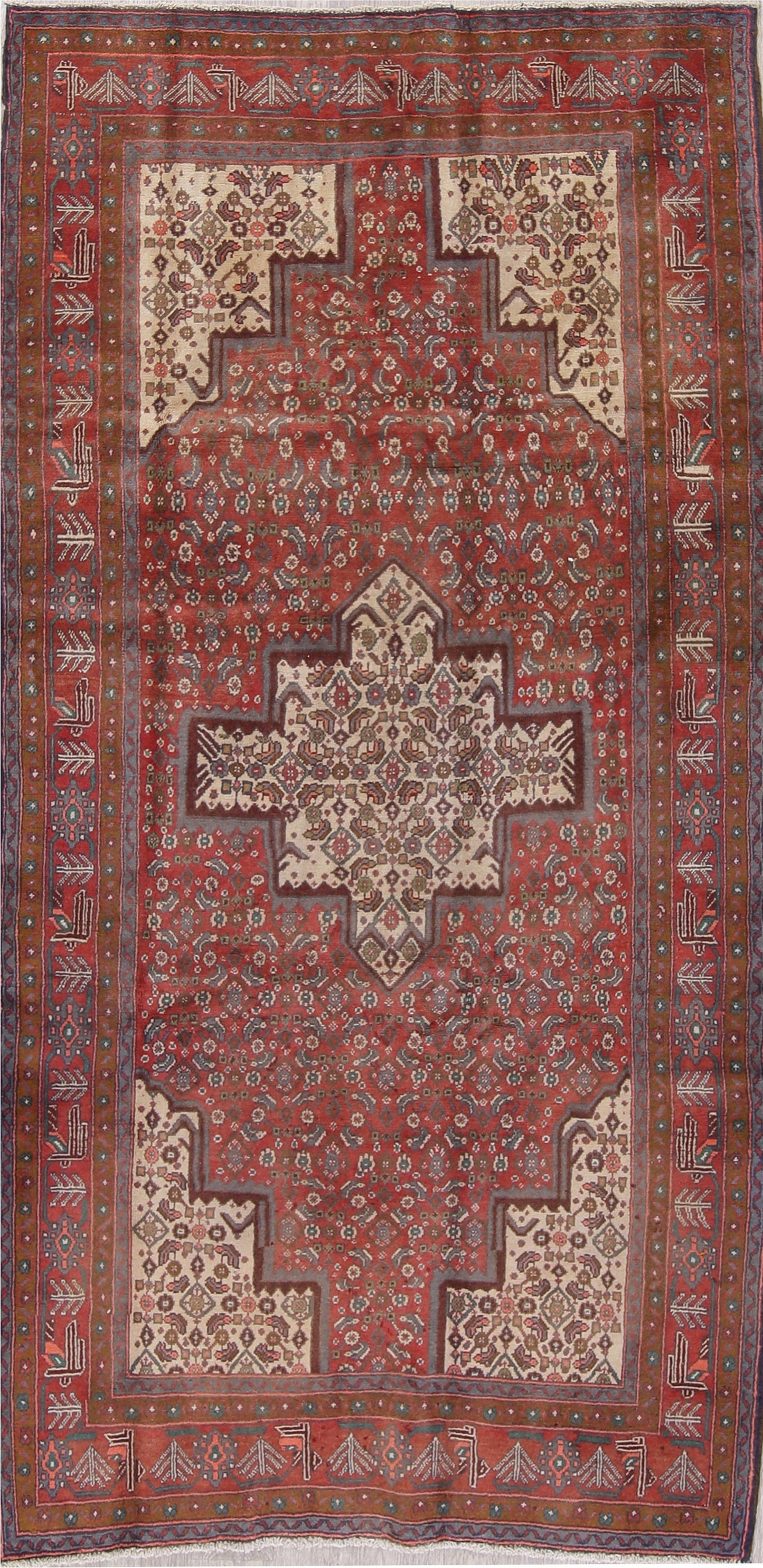 Geometric Red Bidjar Persian Hand-Knotted 4x9 Wool Runner Rug