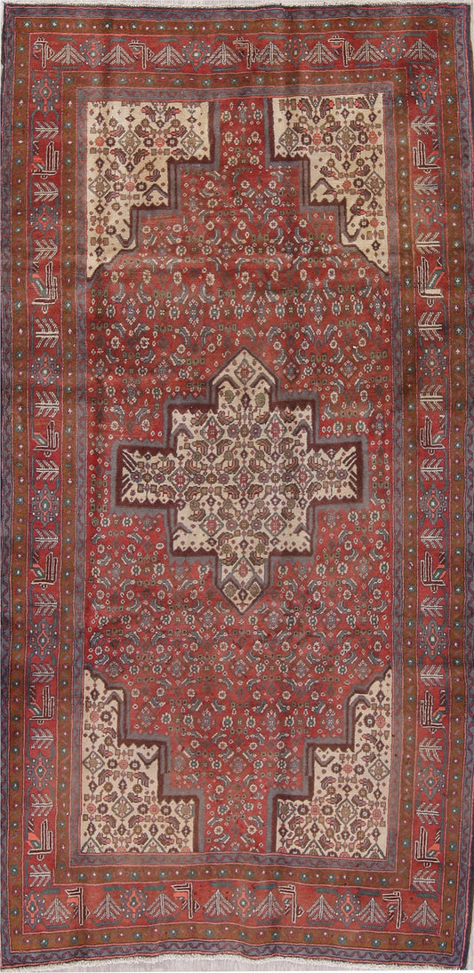 Geometric Red Bidjar Persian Hand-Knotted 4x9 Wool Runner Rug