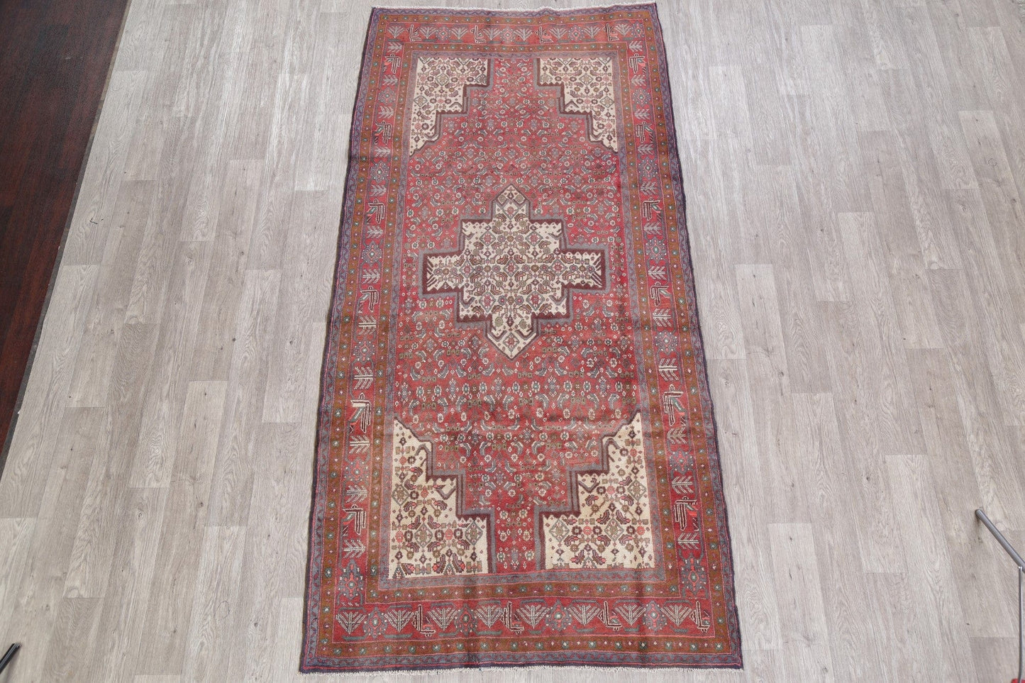 Geometric Red Bidjar Persian Hand-Knotted 4x9 Wool Runner Rug