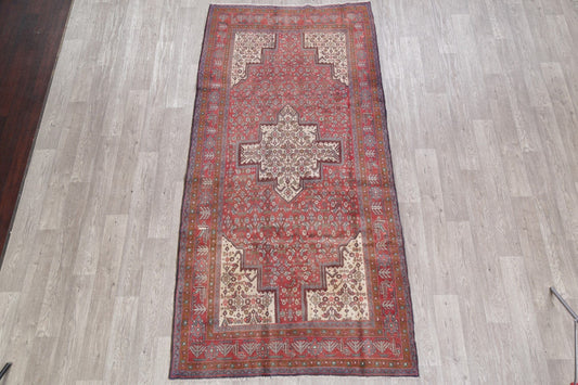 Geometric Red Bidjar Persian Hand-Knotted 4x9 Wool Runner Rug