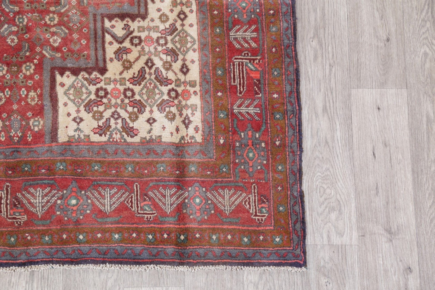 Geometric Red Bidjar Persian Hand-Knotted 4x9 Wool Runner Rug