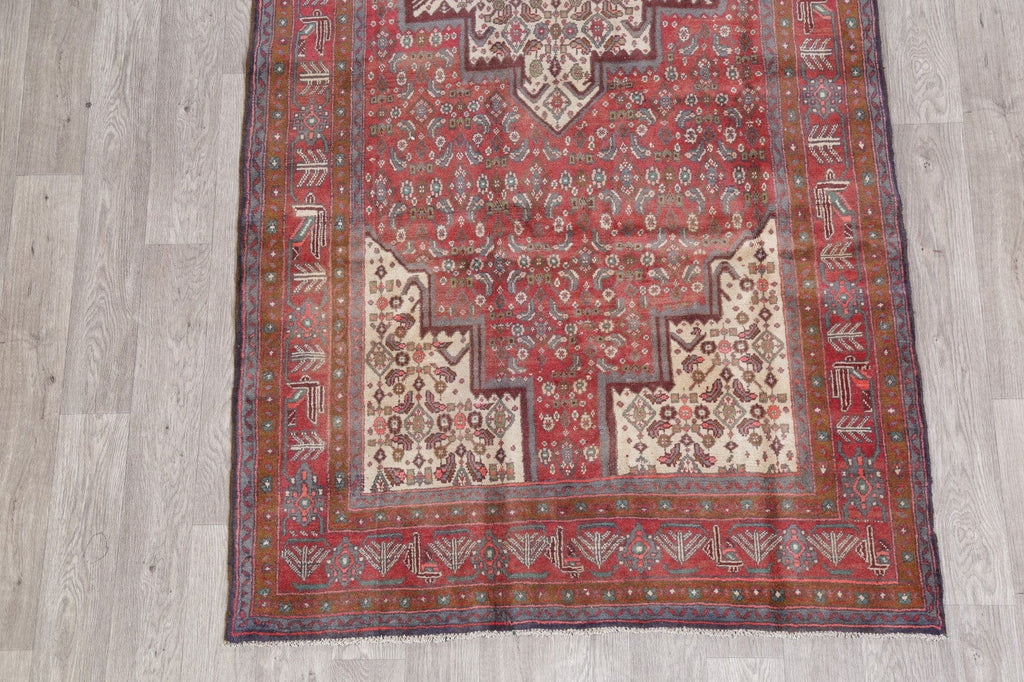 Geometric Red Bidjar Persian Hand-Knotted 4x9 Wool Runner Rug