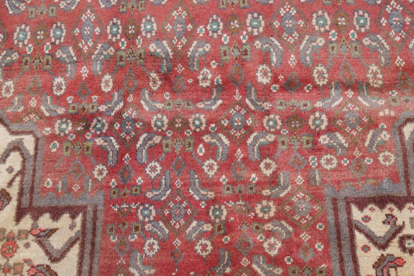 Geometric Red Bidjar Persian Hand-Knotted 4x9 Wool Runner Rug