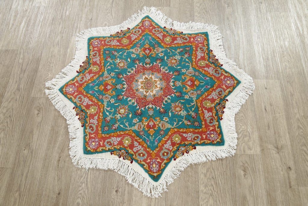 Floral Teal Tabriz Persian Hand-Knotted 3x3 Wool Silk Star Rug