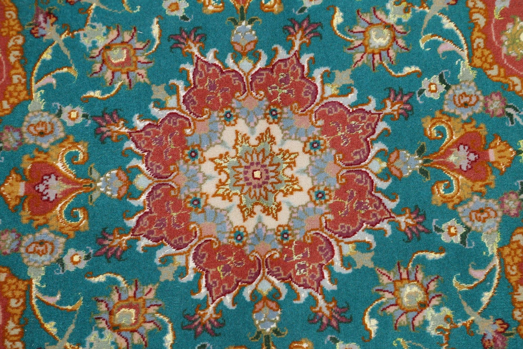 Floral Teal Tabriz Persian Hand-Knotted 3x3 Wool Silk Star Rug