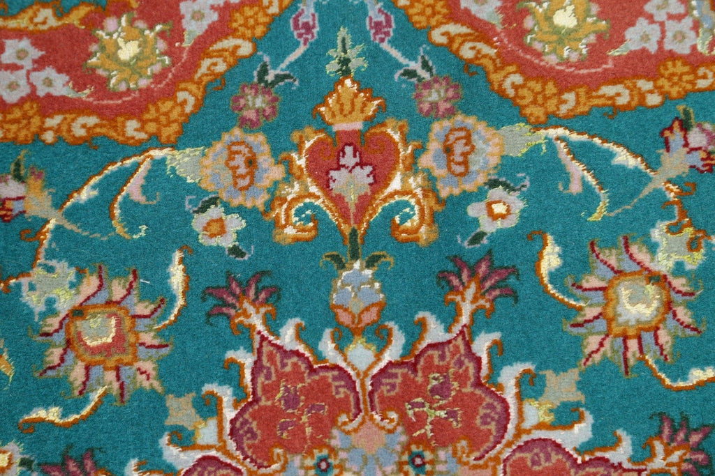 Floral Teal Tabriz Persian Hand-Knotted 3x3 Wool Silk Star Rug