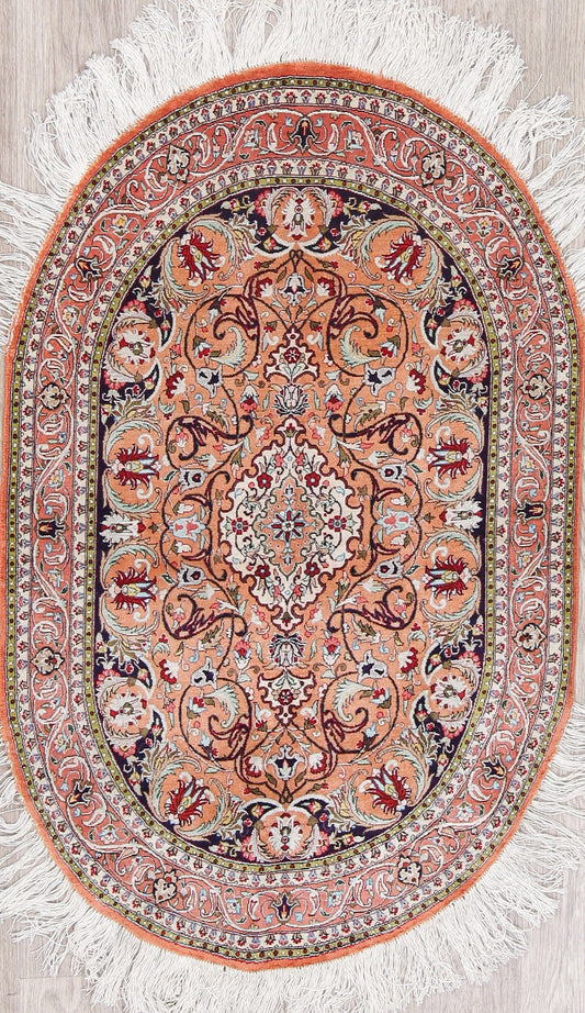 Antique Rust Geometric Hereke Turkish Oriental 3x4 Silk Oval Rug