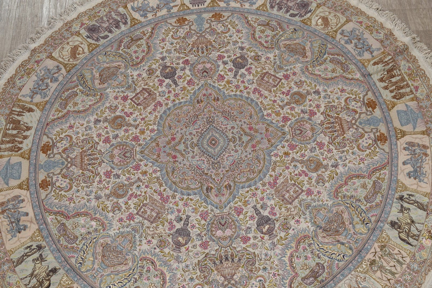 Antique Vegetable Dye Tabriz Persian Hand-Knotted 8x8 Wool Silk Round Rug