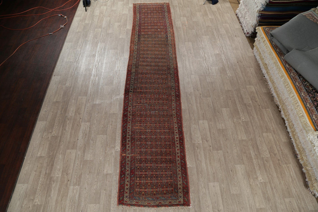 Pre-1900 Vegetable Dye Bidjar Persian Hand-Knotted 3x16 Wool Runner Rug